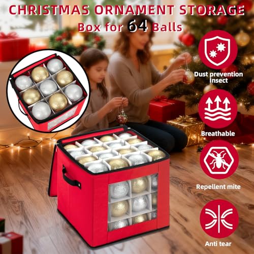 Christmas Ornament Storage Box Holds 64 Holiday Decorations Red with Adjustable Dividers