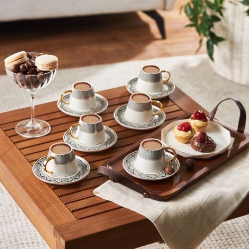 KARACA Globe Turkish Coffee Cup Set of 6 - 80ml Small Espresso Cups with Saucers, Gold Handles, Black Pattern, Porcelain, Ideal for Turkish, Greek & Arabic Coffee