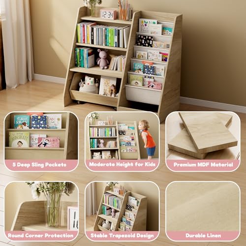 4-Tier Kids Bookshelf and Toy Storage Organizer with Rolling Drawer, Oak