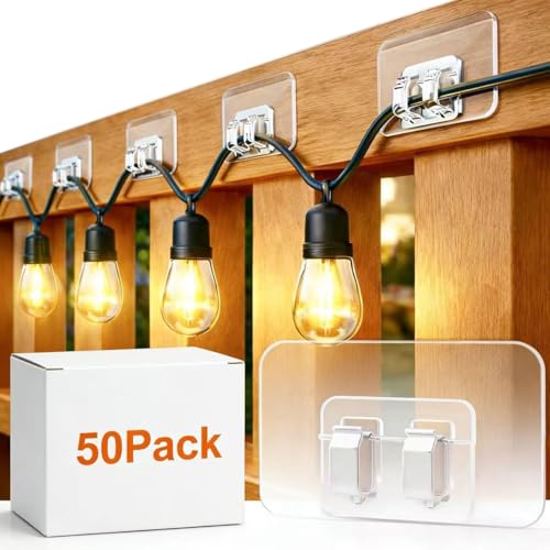 50-Pack Adhesive Outdoor String Light Hooks, Waterproof No-Drill Clips