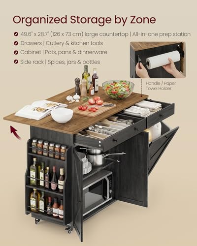 Mobile Kitchen Island Cart with Drop Leaf and Hidden Trash Can Storage