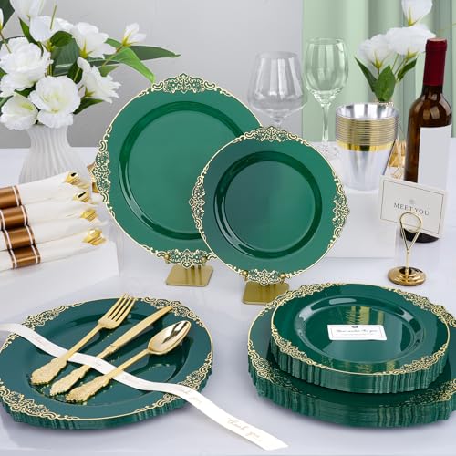 Realluck 350-Piece Green and Gold Disposable Dinnerware Set for 50 Guests - Elegant Tableware for Parties and Events
