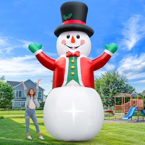FunFanso 12 Ft Christmas Inflatable Snowman with LED Lights, Wear Hat & Red Suit – Giant Outdoor Decor