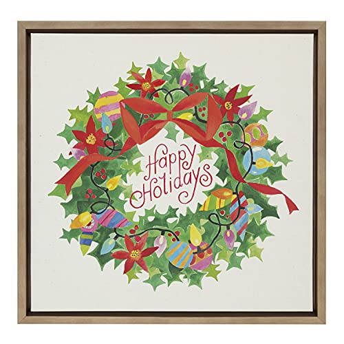 Kate and Laurel Xmas Wreath Holiday Wall Art 22x22 Linen Canvas Framed Decor