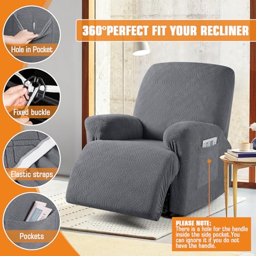 Stretch Recliner Chair Cover - 3-Piece Soft Slipcover with Pocket, Dark Gray
