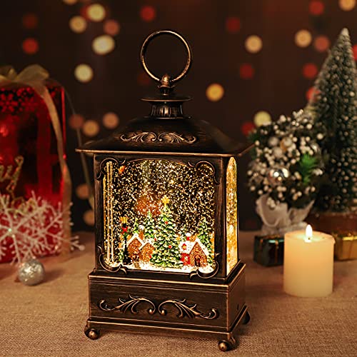 KAMPGO Forest House Christmas Snow Globe Lantern with Music & Timer - Indoor Holiday Decor