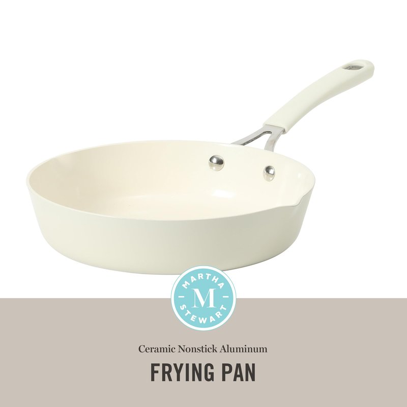 Martha Stewart Heathland 9.5 Inch Aluminum Cookware Non-Toxic Premium Ceramic Non Stick Frying Pan, Kitchen Egg Pan, Omelet, Pots and Pans, Linen White, Induction Safe