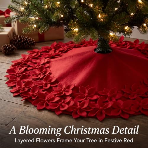 48 Inch Red Handmade Felt Christmas Tree Skirt with Poinsettia Ball Edge