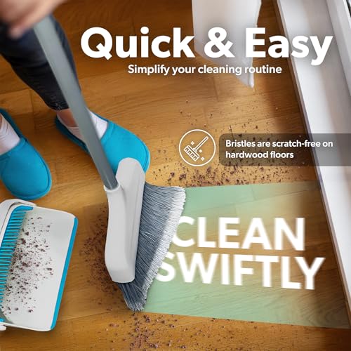 Stand-Up Broom and Dustpan Combo Set with Self-Cleaning Teeth, Space-Saving