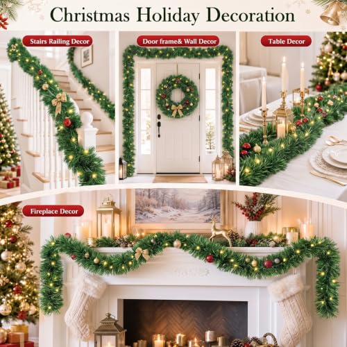 Aufee 50FT Green Christmas Garland Decorations - Outdoor Indoor Faux Pine Railing Wreath, DIY Friendly, Waterproof Holiday Decor - Variation 1