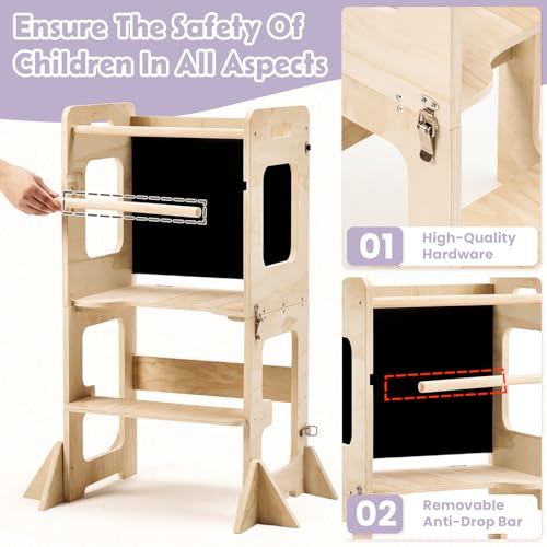 Foldable Wooden Learning Tower with Blackboard - Toddler Kitchen Step Stool