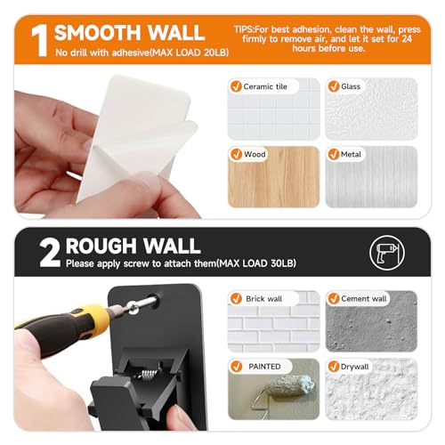 No-Drill Curtain Rod Brackets - Adhesive Wall Hooks, 4 Pack, Black