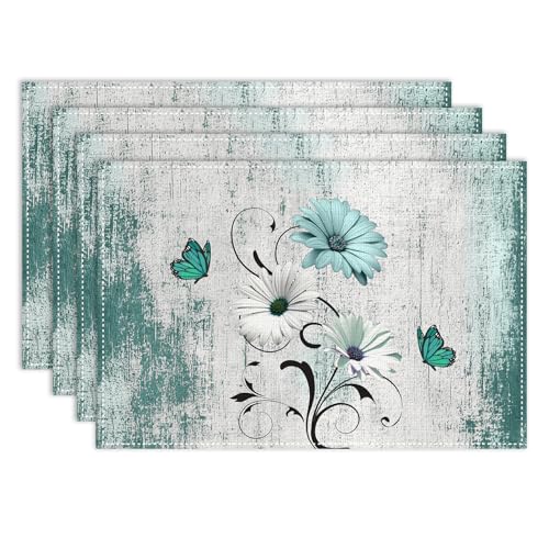 Retro Daisy Teal Floral Farmhouse Placemats Set of 6 - 12x18in, GARSYDAM, 6pcs, Daisy01