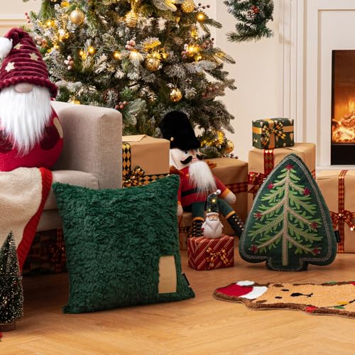 Phantoscope Green Christmas Tree Velvet Throw Pillow with Beaded Embroidery, 18x14 in
