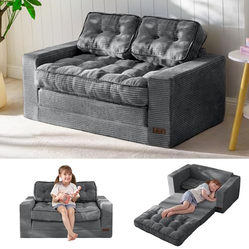 Kids Convertible 2-in-1 Folding Sofa Bed, Dark Grey Floor Lounger