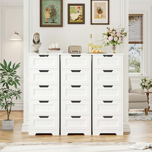 Slim Bathroom Storage Cabinet with 5 Drawers, Tall White Floor Organizer