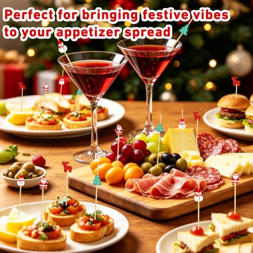Christmas Cocktail Picks 100Pcs - Santa, Snowman, Tree & Elk Toothpicks (Variation: Christmas Cocktail Picks)