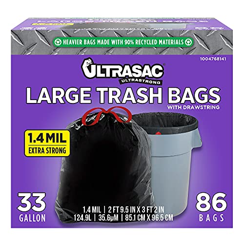 Heavy Duty 33 Gallon Drawstring Trash Bags, 1.4 Mil Black - 86 Pack