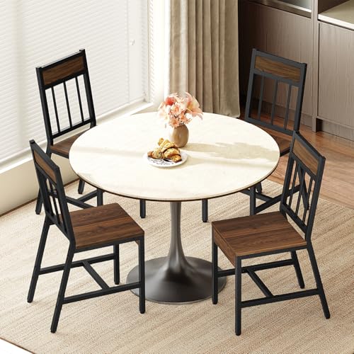 Industrial Dining Chairs Set of 4, Metal Frame Kitchen Chairs, Dark Walnut
