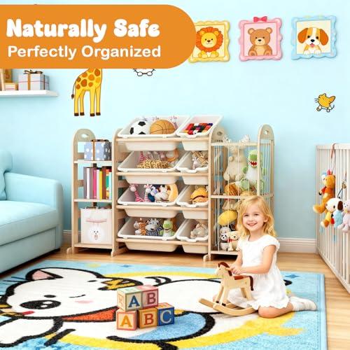 Solid Pine Toy Storage Organizer with 8 Bins and 3 Shelves