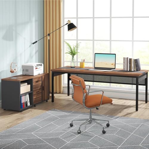 71-Inch L-Shaped Executive Desk with Mobile File Cabinet and Storage