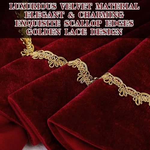 Red Velvet Christmas Tree Skirt with Scalloped Edge & Gold Lace Trim, 48 Inch