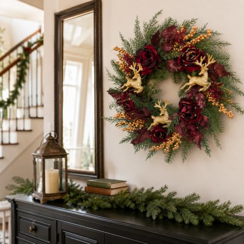 Svndlyn 22-Inch Burgundy Lighted Christmas Wreath with Timer and Reindeer