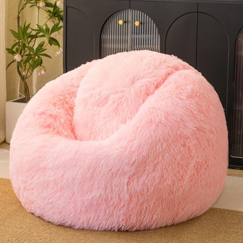 Pink Faux Fur Bean Bag Chair Cover - Plush Shaggy Storage Bean Bag
