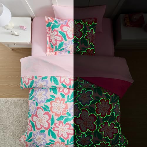 Full Size Glow in the Dark Comforter Set for Kids Floral 76x86" - 5 Piece Bedding
