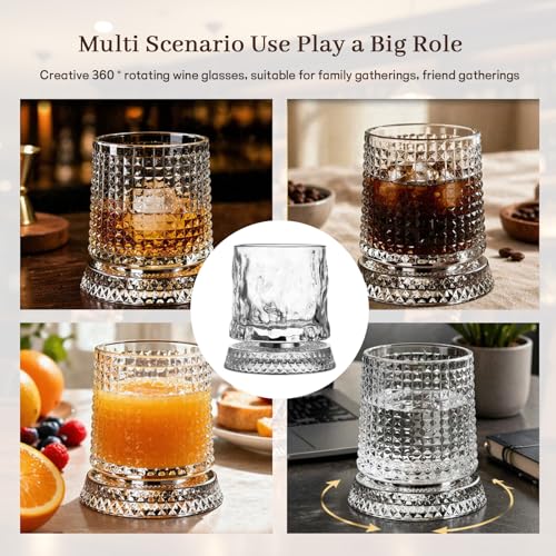 Rotating Whiskey Glass with Large Ice Ball Mold - Kinetic Spin Tumbler for Bourbon & Old Fashioned - Unique Gift for Men, Dad