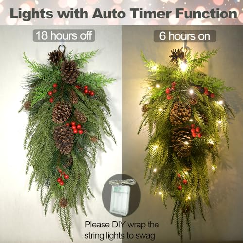 27.6-Inch Pre-Lit Christmas Teardrop Swag with Warm LED Lights & Pinecones