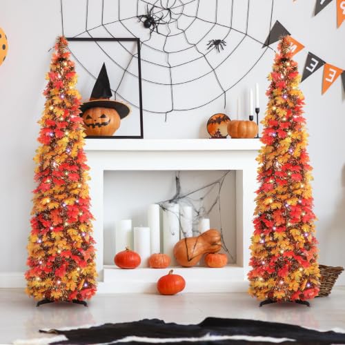 5FT Pre-Lit Fall Pop Up Tinsel Pencil Tree with Timer - Autumn Decor