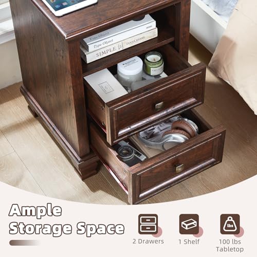 Farmhouse Walnut Nightstand with Charging Station and 2 Drawers