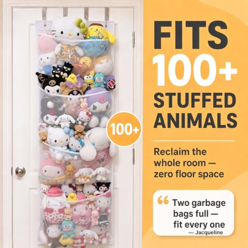 Stuffed Animal Storage Over Door Organizer with Mesh Pockets