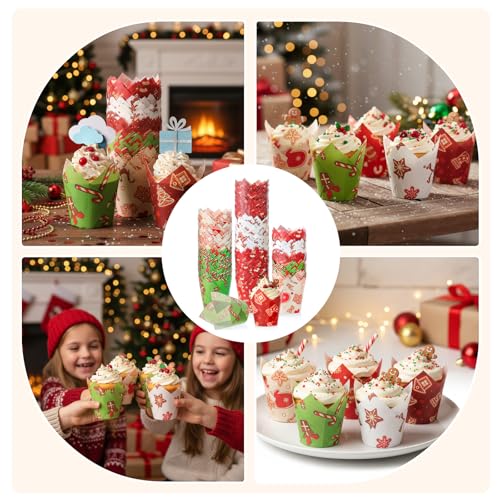 Reallnaive 500-count Tulip Cupcake Liners Christmas Patterns – Greaseproof Bake Cups, 2.17in x 3in (Variation: Cute)