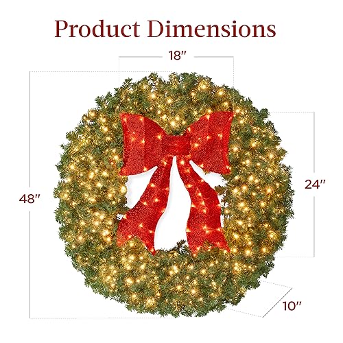 48in Artificial Pre-Lit Fir Christmas Wreath with Red Bow & 250 LED Lights - Green Spruce
