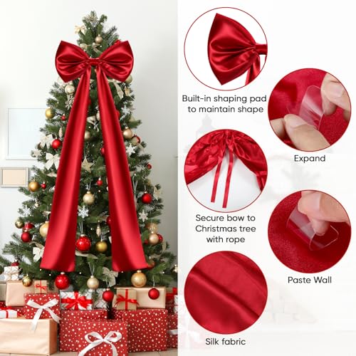 47 Inch Red Christmas Tree Topper Bow Satin Ribbon - Giant Christmas Decor for Tree, Wreaths, Weddings
