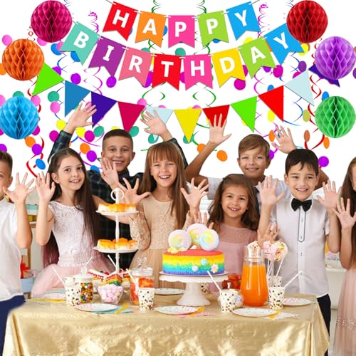 FECEDY Birthday Party Decorations Set with Banner, Honeycomb Balls and Confetti
