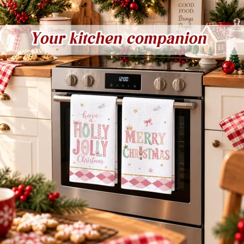 Dainty Pink Holly Jolly Christmas Kitchen Towels Set of 2 - Holiday Farmhouse Decor