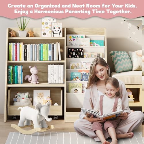 4-Tier Kids Bookshelf and Toy Storage Organizer with Rolling Drawer, Oak