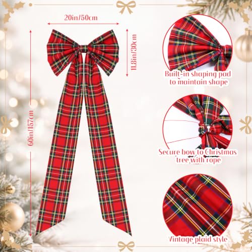 Junkin 20x12in Red Green Tartan Christmas Tree Topper Bow - 60in Overall For Large Trees