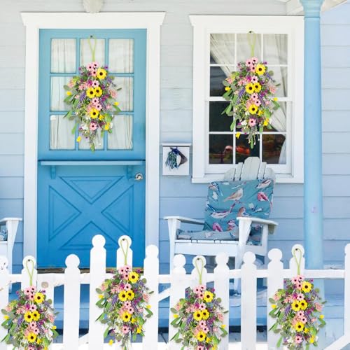 23.6-Inch Artificial Spring Teardrop Swags with Sunflowers, 2-Pack