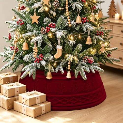Red Knitted Christmas Tree Collar 28in Xmas Tree Skirt Base Cover - ASTNIC