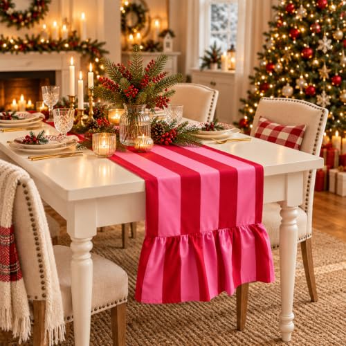 JarThenaAMCS Ruffled Table Runner Red Pink Stripes 13x118 Inch - Home Decor