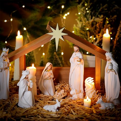 Wooden Nativity Manger Stable Creche with Roof Star, Fits 7-Inch Figures