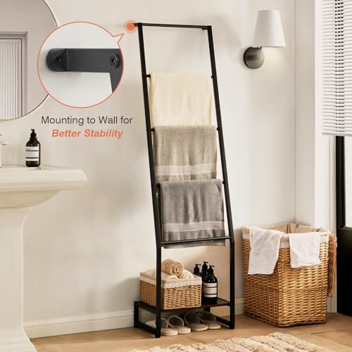5-Tier Blanket Ladder Shelf, Rustic Wood and Metal Towel Rack for Living Room