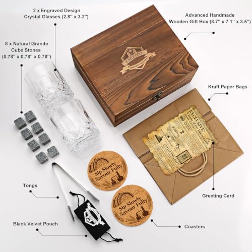 EXREIZST Whiskey Stones Gift Set with 2 Glasses & Wooden Box - Granite Chilling Rocks + Straight Glasses