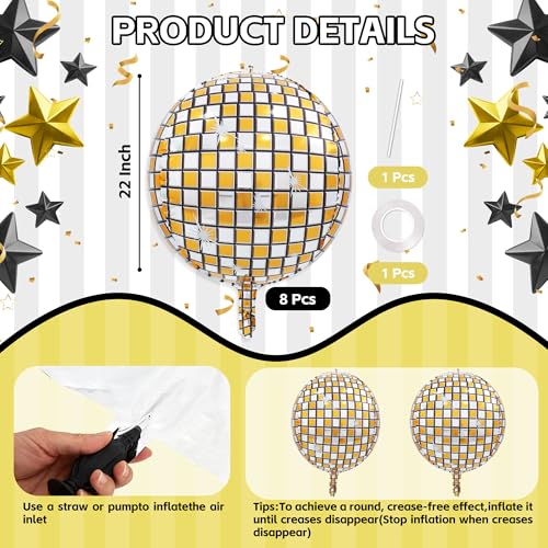 TONIFUL 8pcs 22-Inch Gold Disco 4D Giant Foil Balloons for Party Decorations