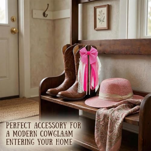 Pink Plaid Cowboy Boot Charms - Layered Ribbon Bow Boot Decor (2 Pcs)