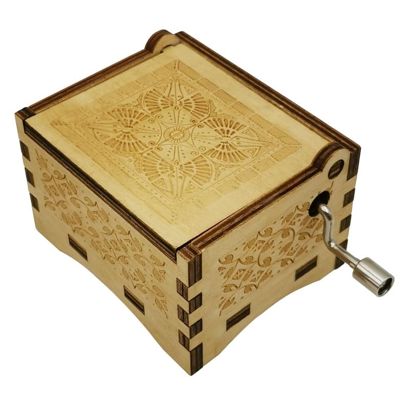 Vintage Wooden Hand Crank Music Box with Laser Engraved Design